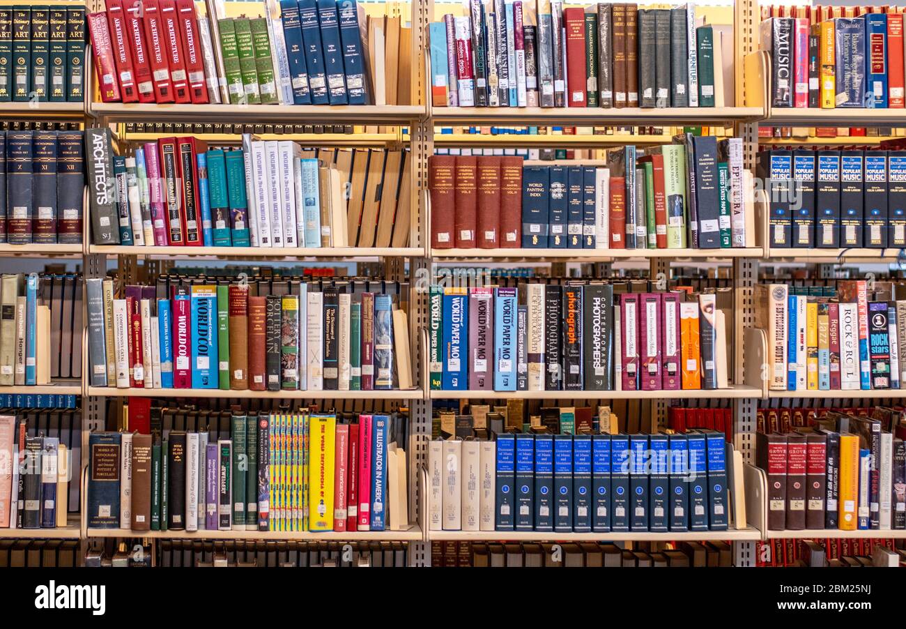 Bunte Stapel öffentlicher Kunstbücher in Bücherregalen. Füllt den gesamten Rahmen aus. Bildung, persönliches Wachstum, Interessen, Lernkonzepte. Stockfoto