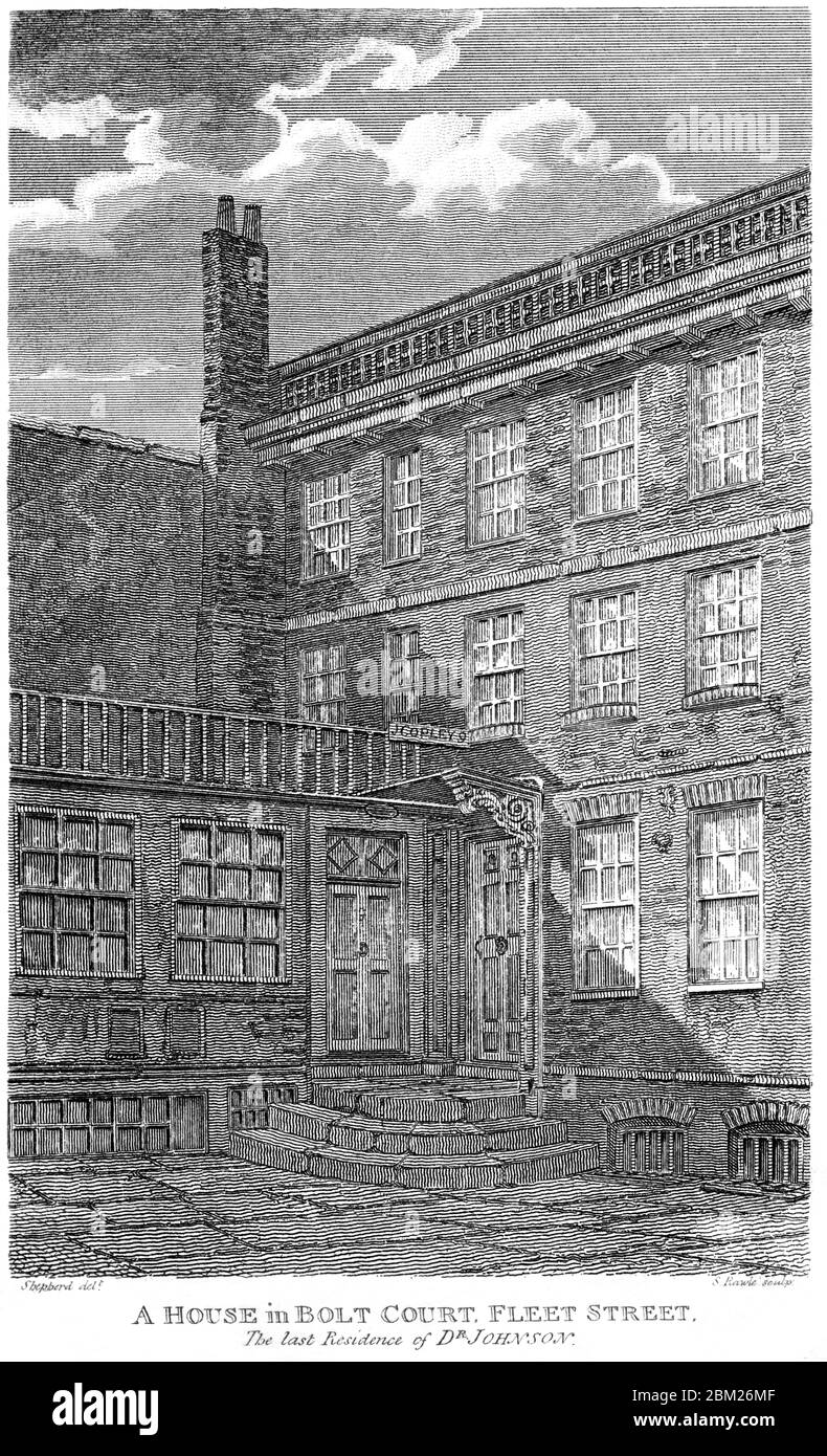 Ein Stich eines Hauses in Bolt Court, Fleet Street. Die letzte Residenz von Dr. Johnson scannte mit hoher Auflösung aus einem Buch, das 1827 gedruckt wurde. Stockfoto