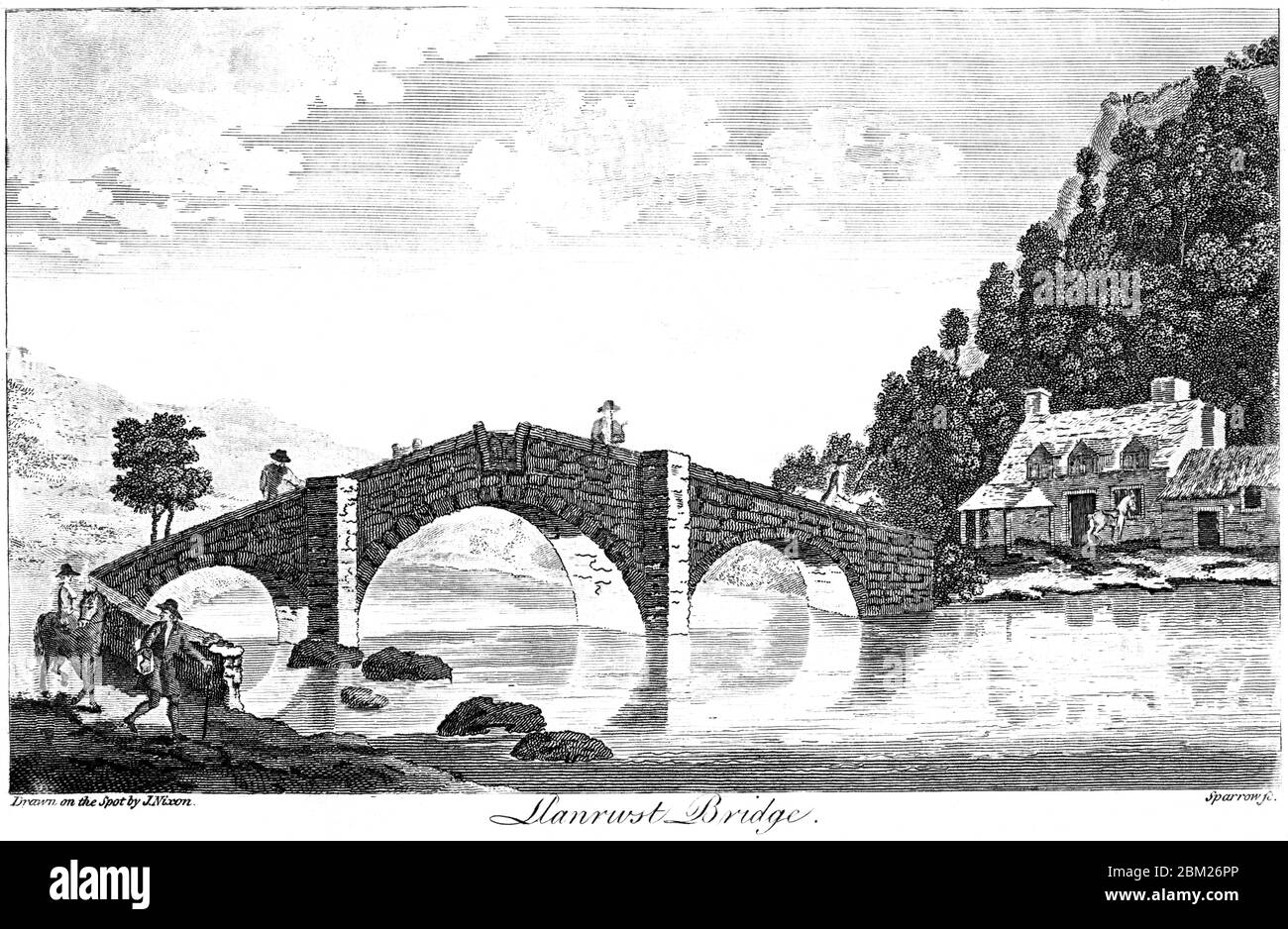 Eine Gravur der Llanrwst Bridge, gescannt in hoher Auflösung aus einem 1827 gedruckten Buch. Dieses Bild ist frei von allen Copyright-Einschränkungen Stockfoto