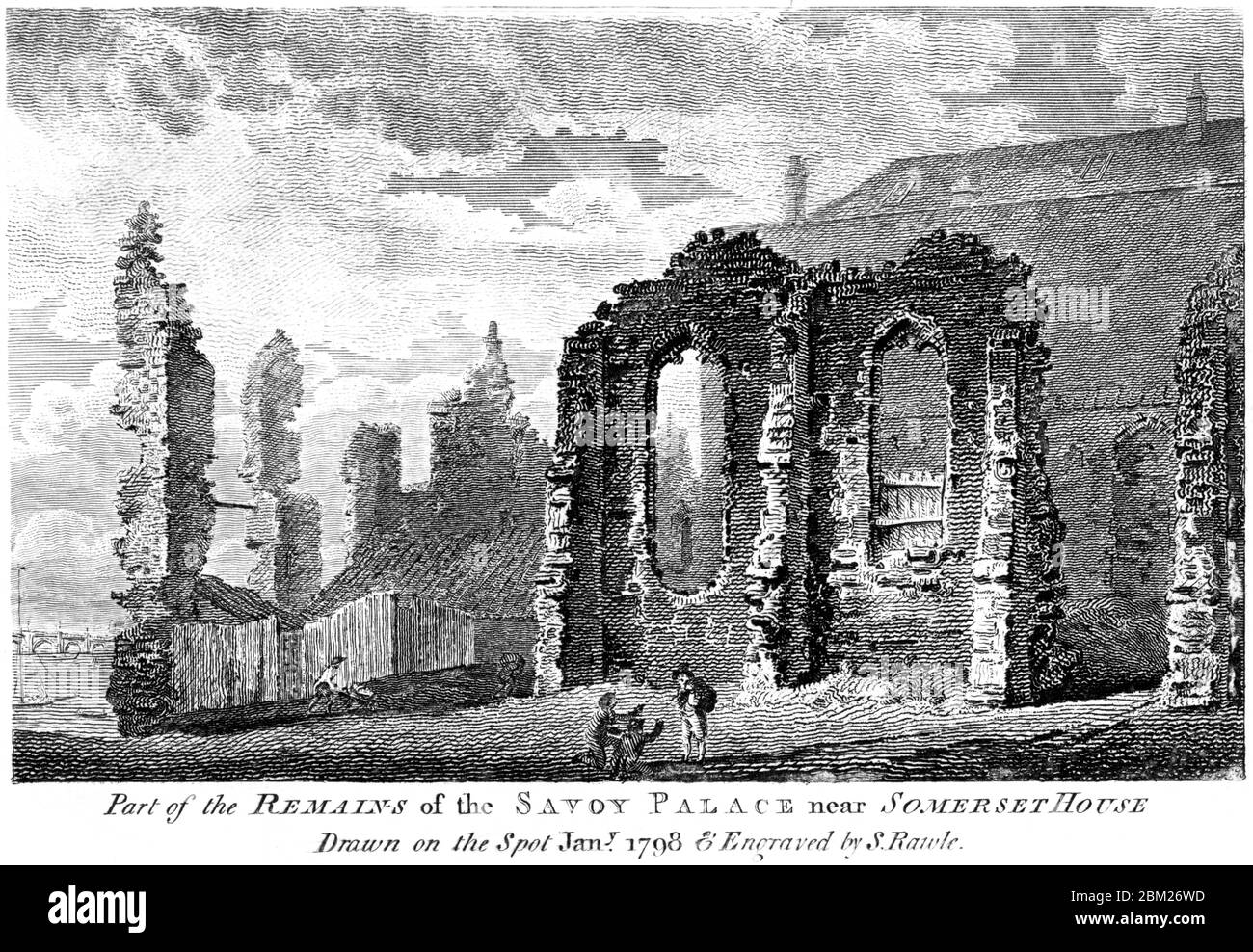 Ein Stich eines Teils der Überreste des Savoy-Palastes bei Somerset-Haus im Jahr 1798, gescannt in hoher Auflösung aus einem 1827 gedruckten Buch. Stockfoto
