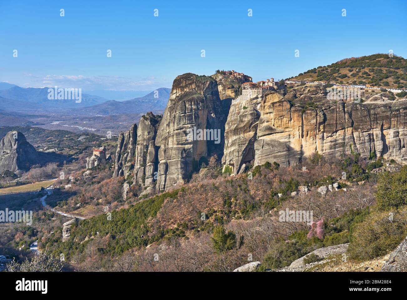 Panorama der östlichen orthodoxen Klöster von Meteora, Kalabaka, Griechenland Stockfoto