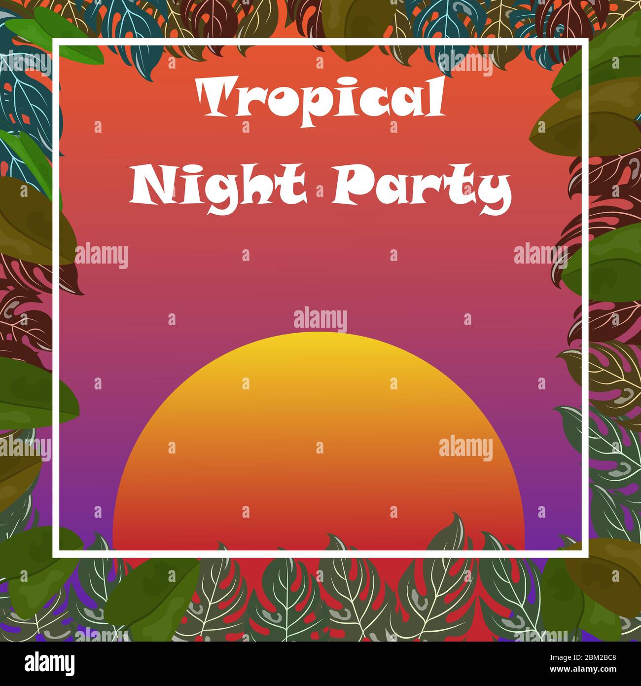 Tropical Night Party Vektor Poster mit tropischen Blättern und Sonnenuntergang mit Nachthimmel Hintergrund. Weißer Rahmen mit Text tropische Nacht Party innen. Einlassen Stock Vektor