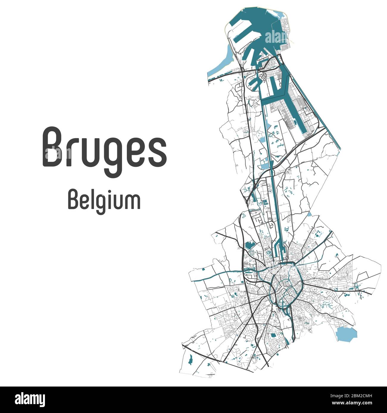 Brugge Karte mit Straßen und Flüssen, Stadtverwaltung Grenzen, Kunst-Design mit grau und blau auf weißem Hintergrund Stockfoto