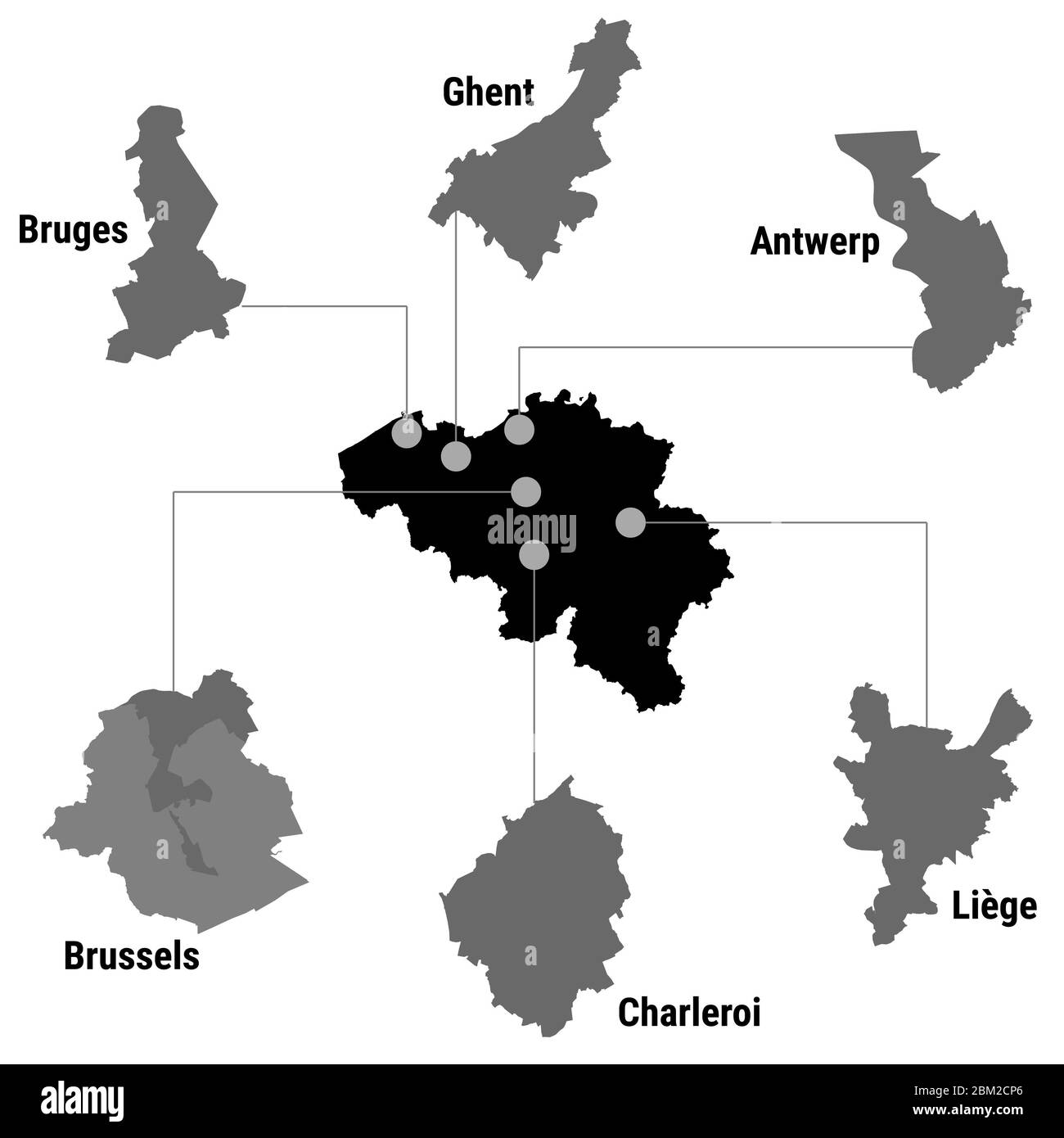 Belgien Karte Infografik mit Städten Brüssel Bruxelles, Lüttich Luik, Gent Gent, Brugge Brügge, Charleroi, Antwerpen Grau auf weißem Hintergrund Stockfoto