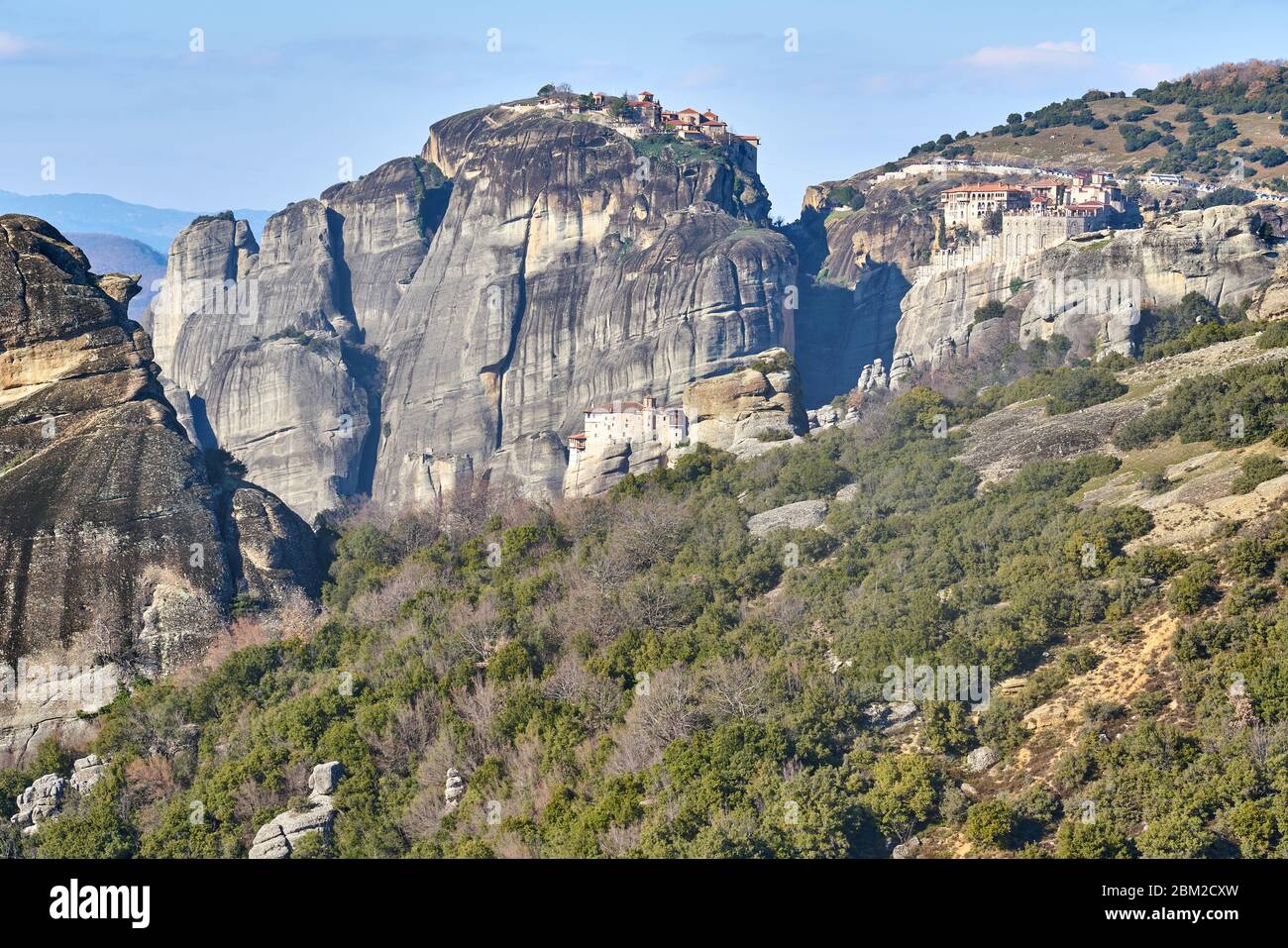 Panorama der östlichen orthodoxen Klöster von Meteora, Kalabaka, Griechenland Stockfoto