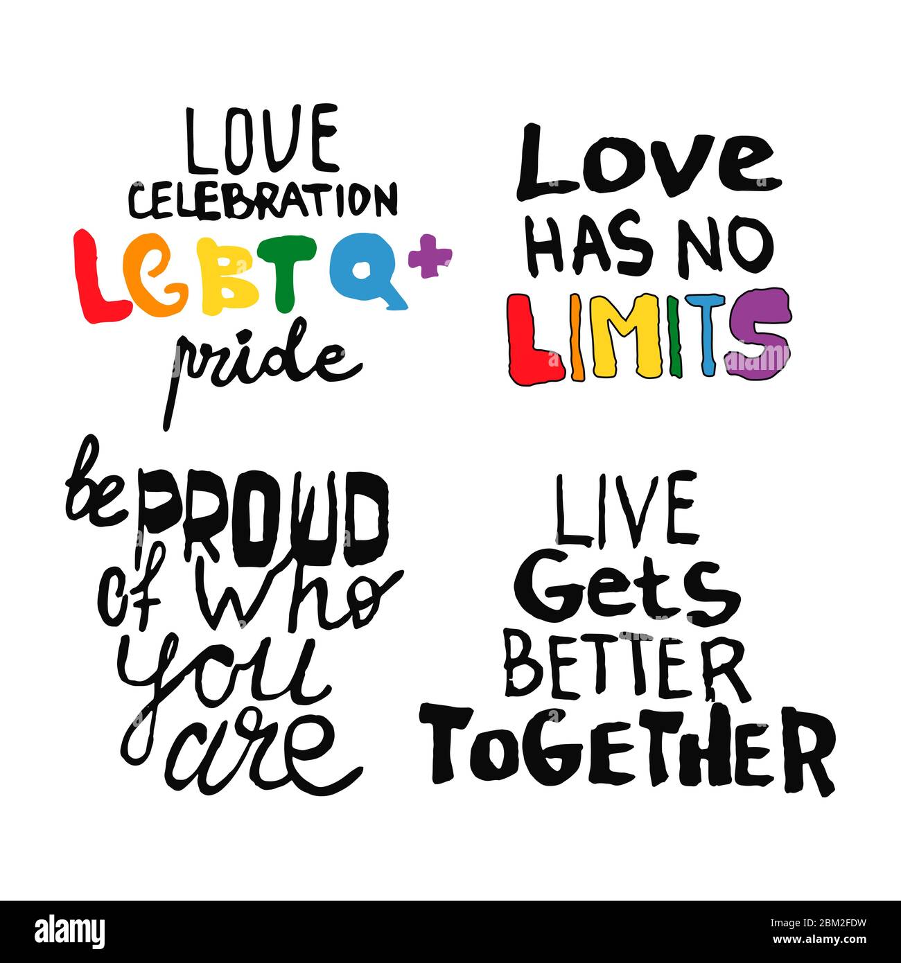 Sätze festlegen. Lettering Outline Text in Doodle Stil - Leben, wird, besser, zusammen.Copy Raum. Symbol für LGBT-Rechte. Isoliert. Vektorgrafik. Stock Vektor