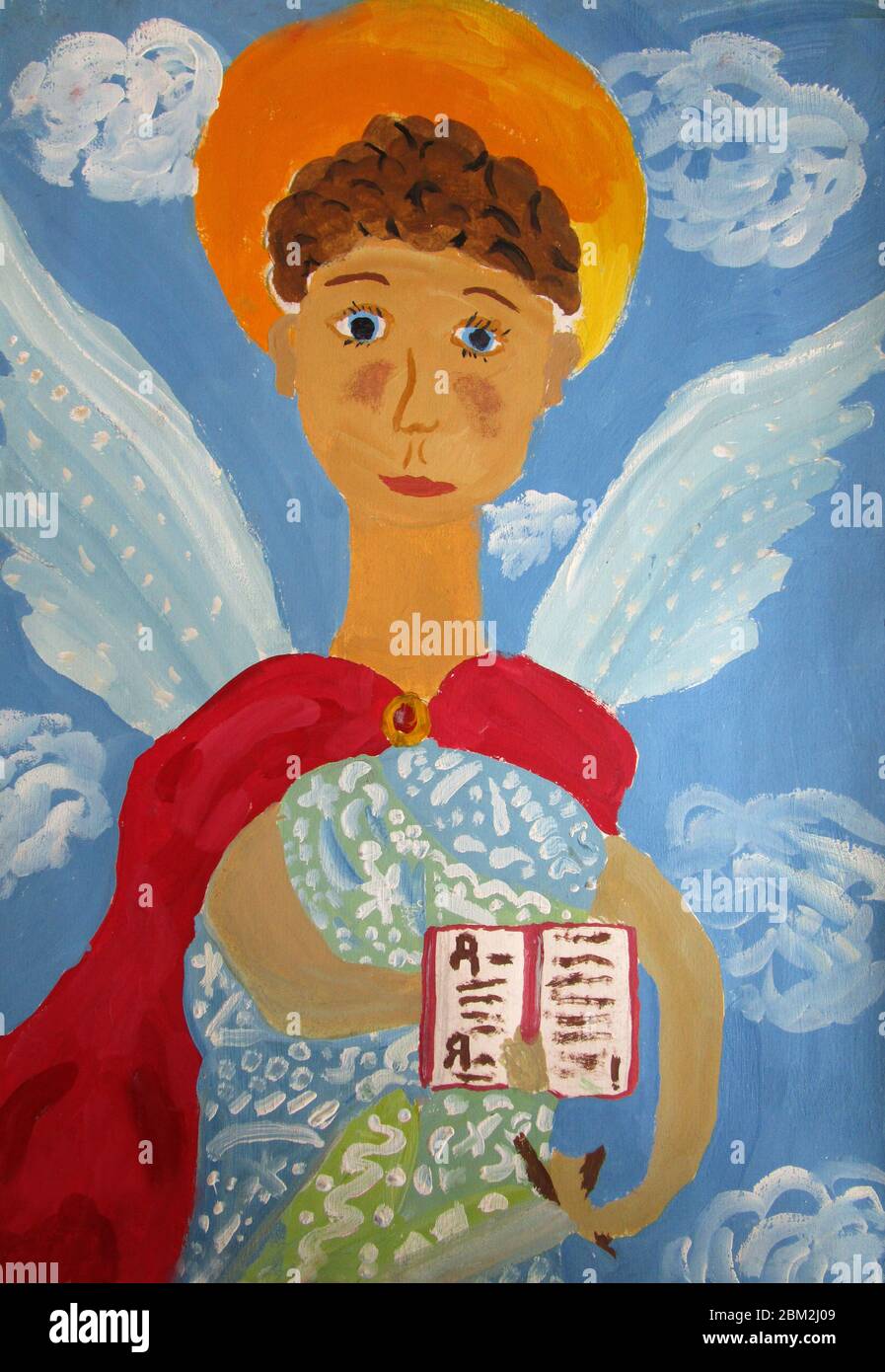 Kleiner Engel am blauen Himmel, Gouache-Malerei Stockfoto