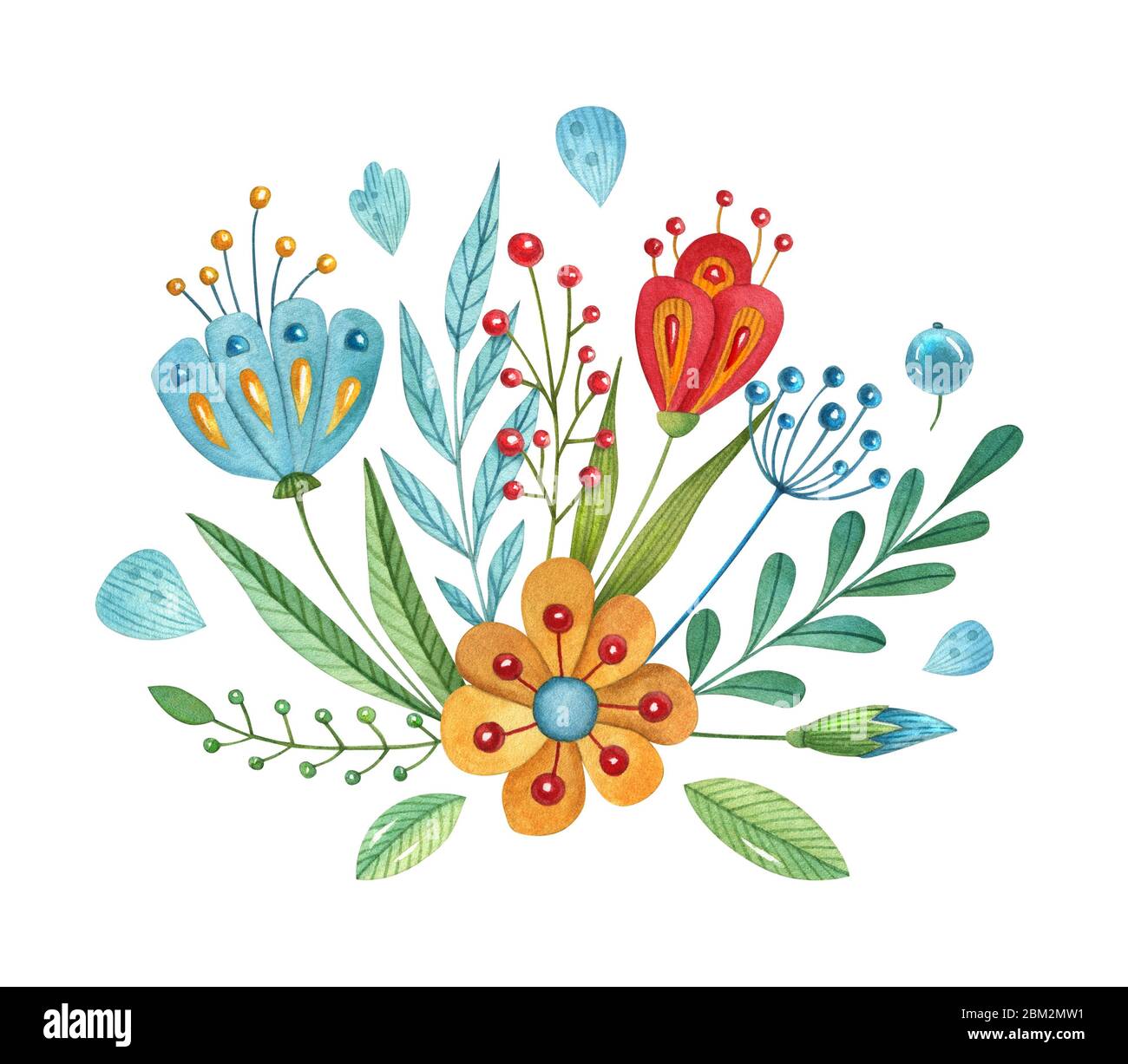 Aquarell handbemalten floralen Komposition. Helle florale Hintergrund mit Cartoon Blumen, Blätter und Beeren. Stockfoto