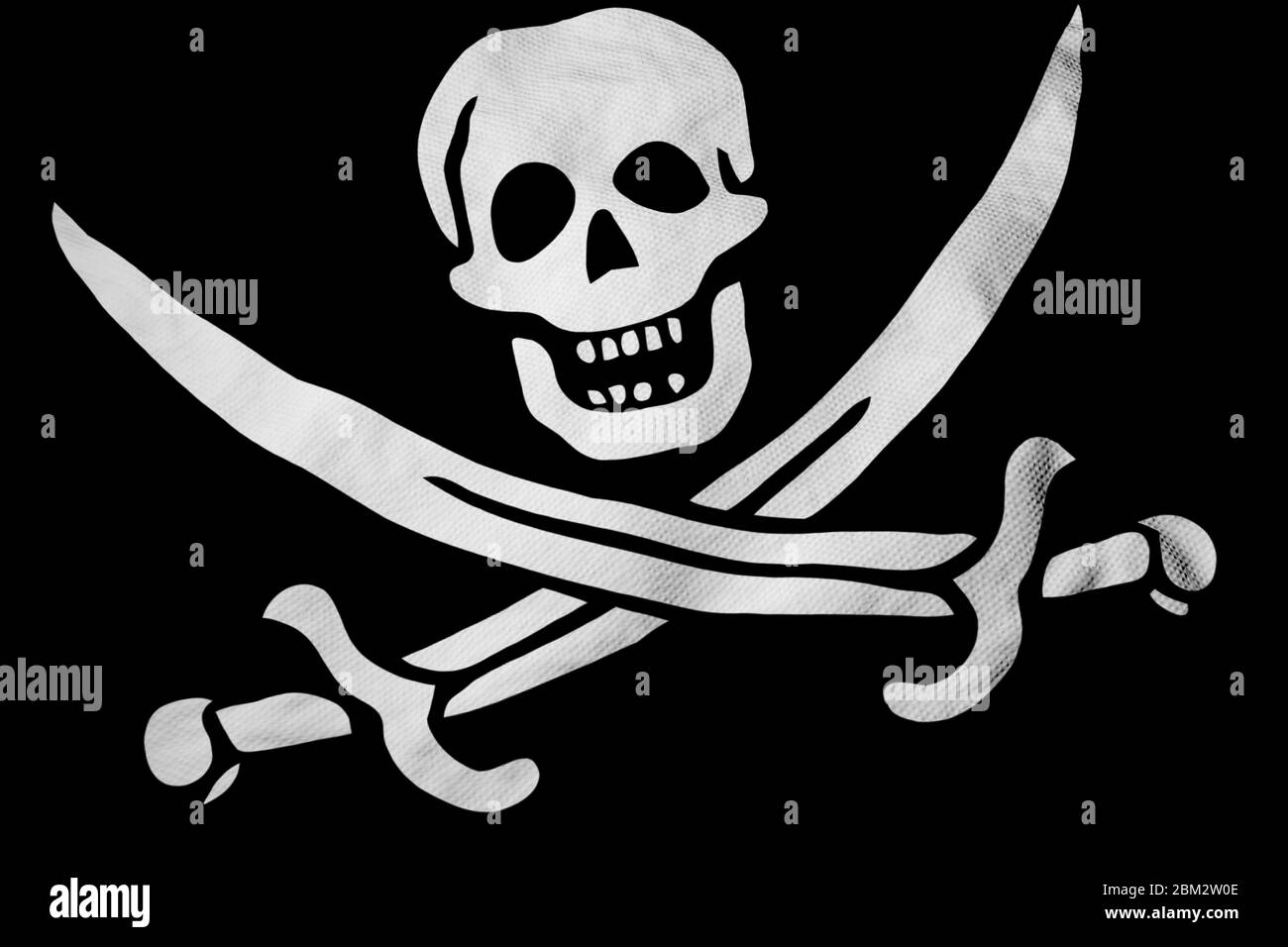 Vollbildaufnahme auf einer winkenden Jolly Roger Flagge in 3D-Rendering. Stockfoto