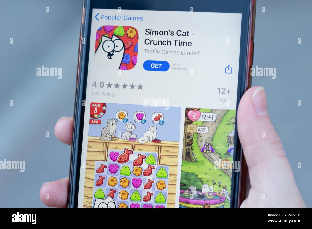 New York, USA - 1. Mai 2020: Simon Cat Crunch Time App-Logo Nahaufnahme auf dem Telefonbildschirm, illustrative Editorial Stockfoto