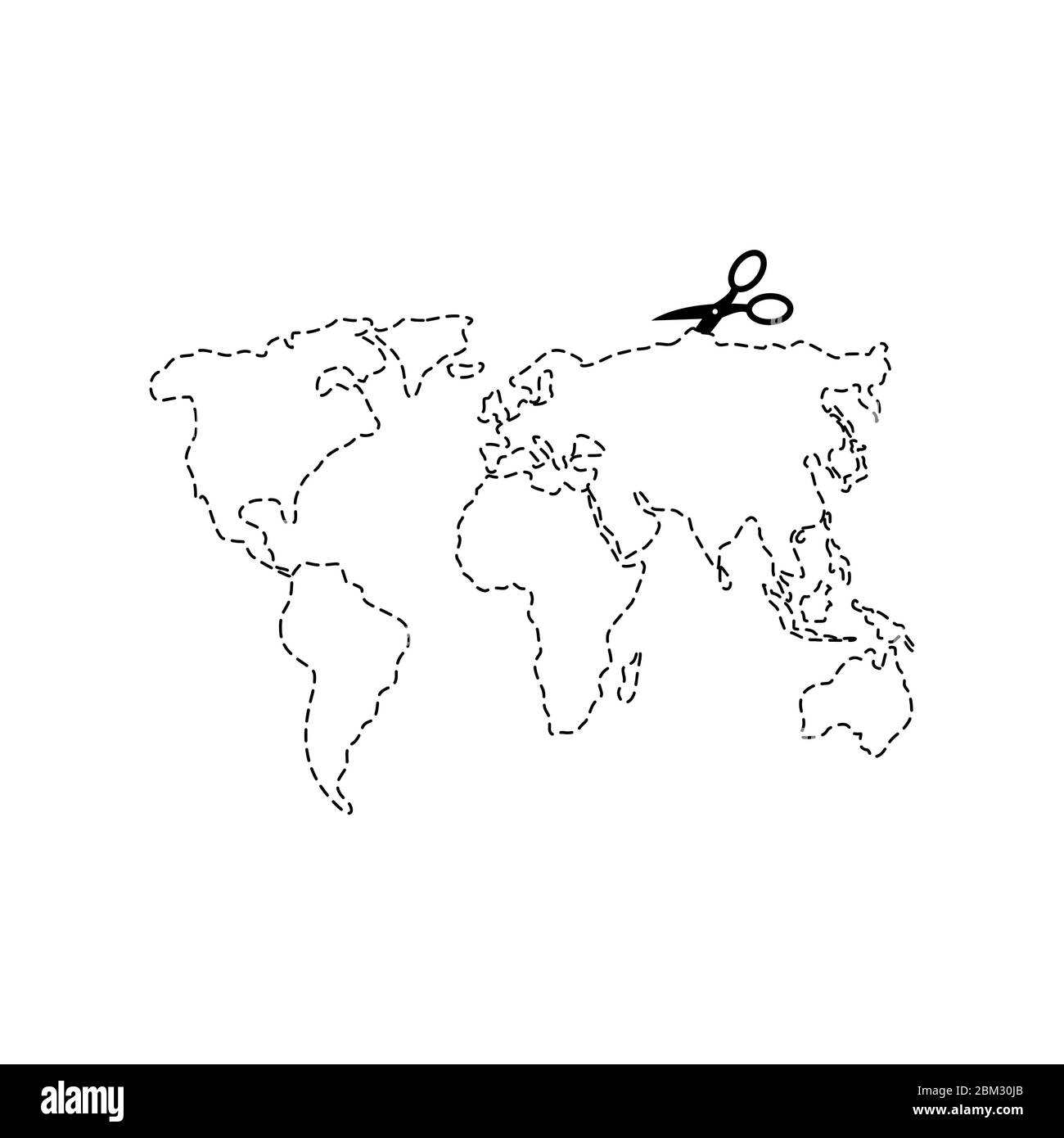Schere Schnitt Karte Welt Vorlage. Gestrichelte Linie Kontinente des Planeten Erde. vektor-Illustration Stock Vektor
