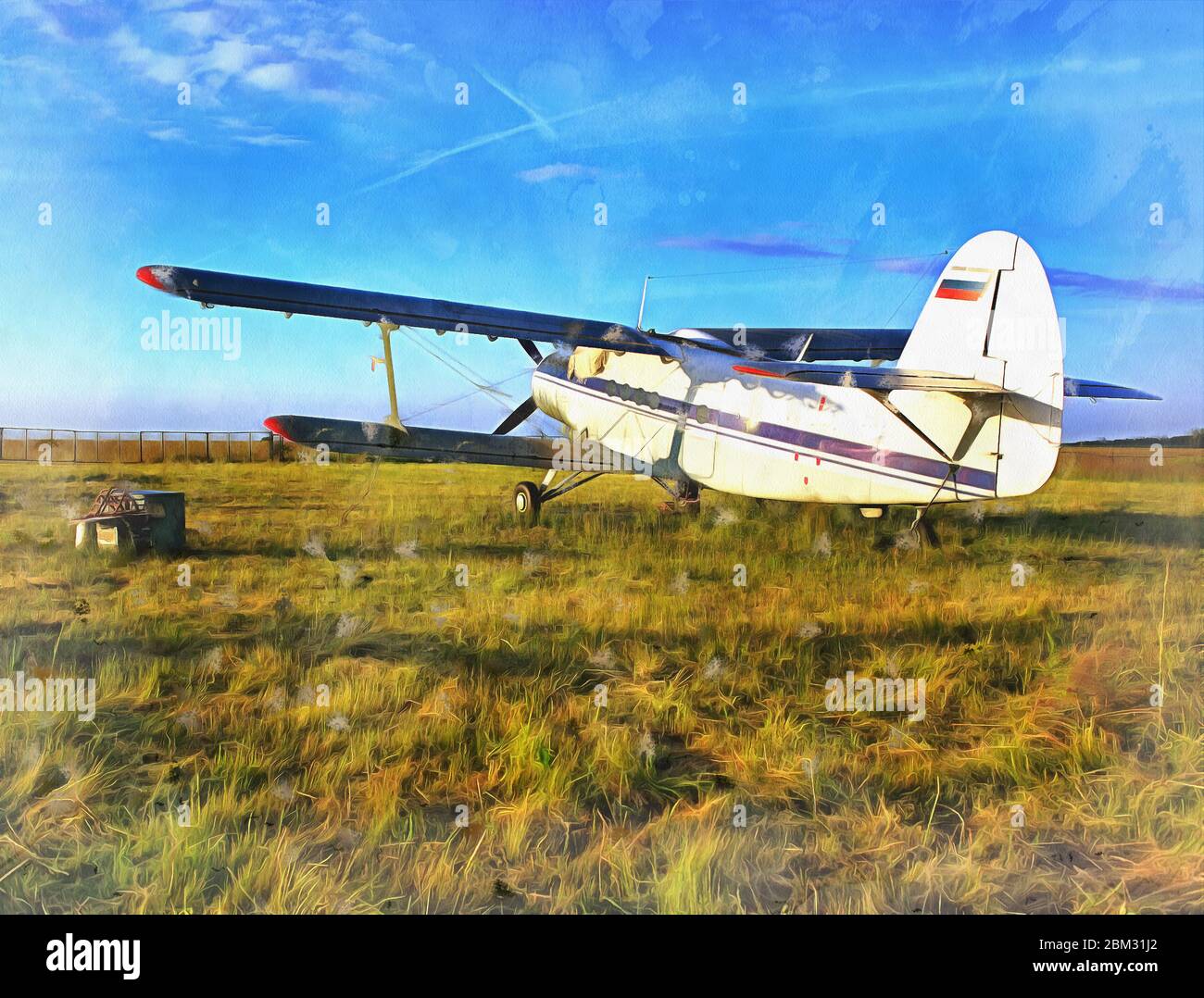 Leichte Flugzeuge Flugzeuge auf einem Grasflugplatz geparkt bunte Malerei sieht aus wie Bild Stockfoto