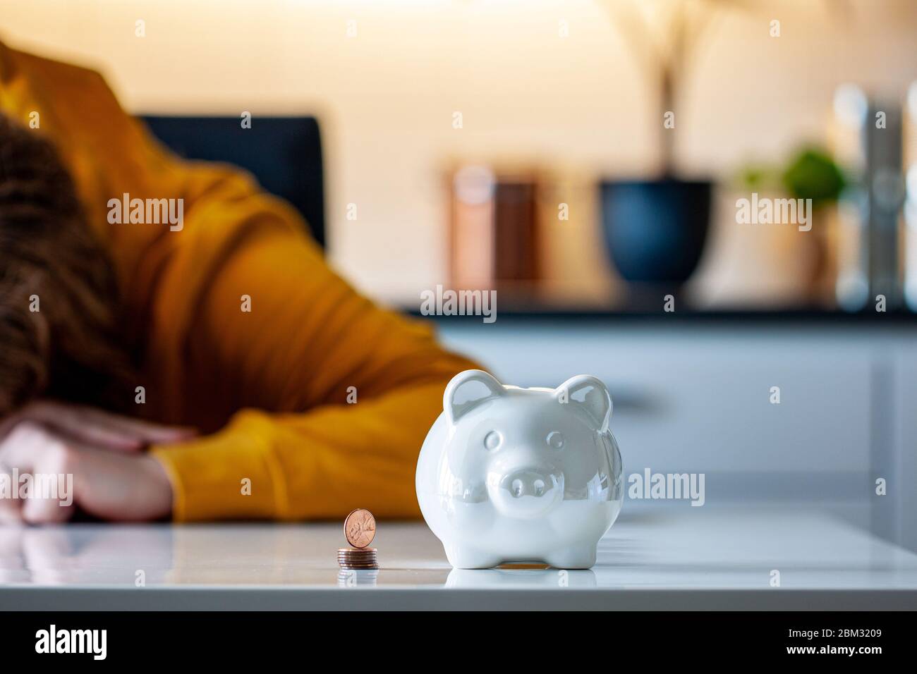 Persönliche Finanzen, Frau, die Geld in ein Sparschwein- -Reichtum und Finanzkonzept. Weißes Sparschwein im Vordergrund. Stockfoto