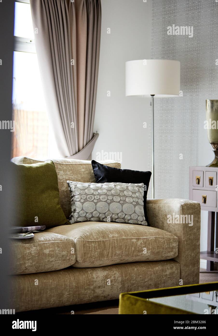 Aufnahme von bunten Kissen auf der Couch im modernen Wohnzimmer Stockfoto