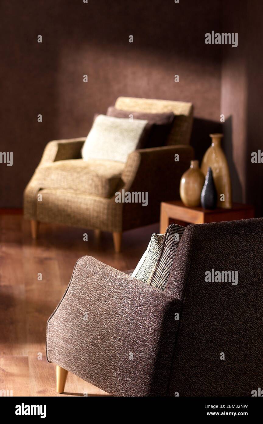 Ein Schuss brauner Sessel mit Kissen im modernen Wohnzimmer Stockfoto