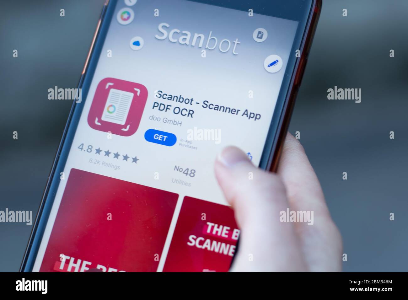 New York, USA - 1. Mai 2020: Scanbot Scanner App Logo Nahaufnahme auf dem Handy-Bildschirm, illustrative Editorial Stockfoto
