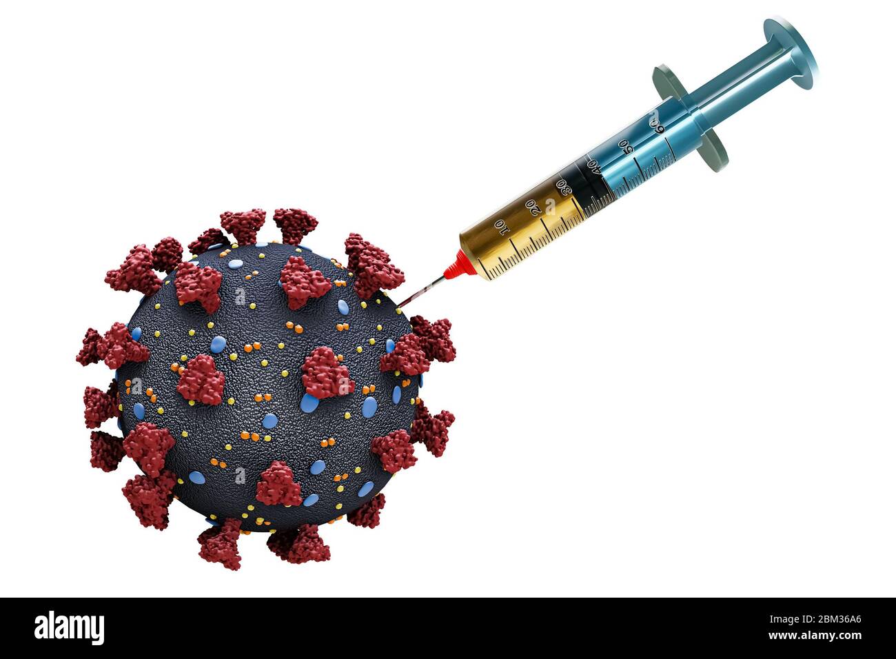 Coronavirus oder Covid Virus Zelle mit einer Spritze oder Nadel, die Medikament in ihr auf einem weißen Hintergrund isoliert. Impfstoff gegen Virusinfektion Stockfoto