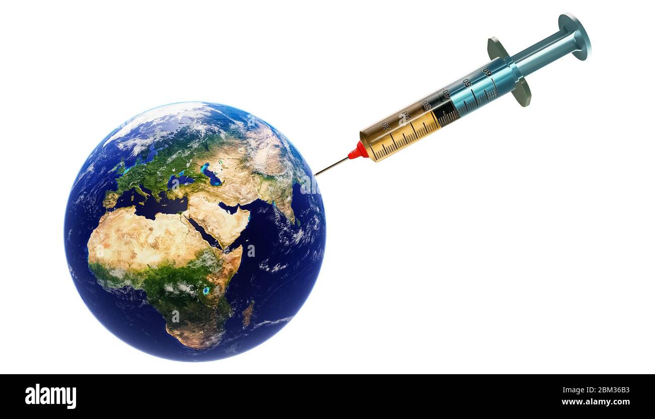 Spritze mit Medikamenten und Erde Planeten auf einem weißen Hintergrund isoliert. Impfstoffinjektion zur Heilung der weltweiten Pandemie-Ausbruch-Konzept. 3D-Rendering Stockfoto