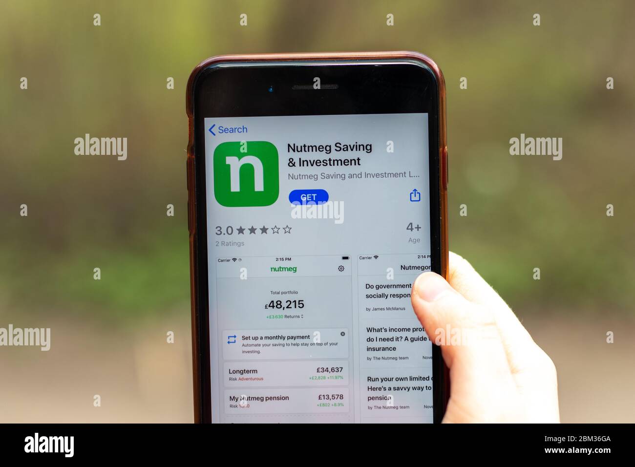 New York, USA - 1. Mai 2020: Muskatnuss speichern App-Logo Nahaufnahme auf dem Handy-Bildschirm, illustrative Editorial Stockfoto