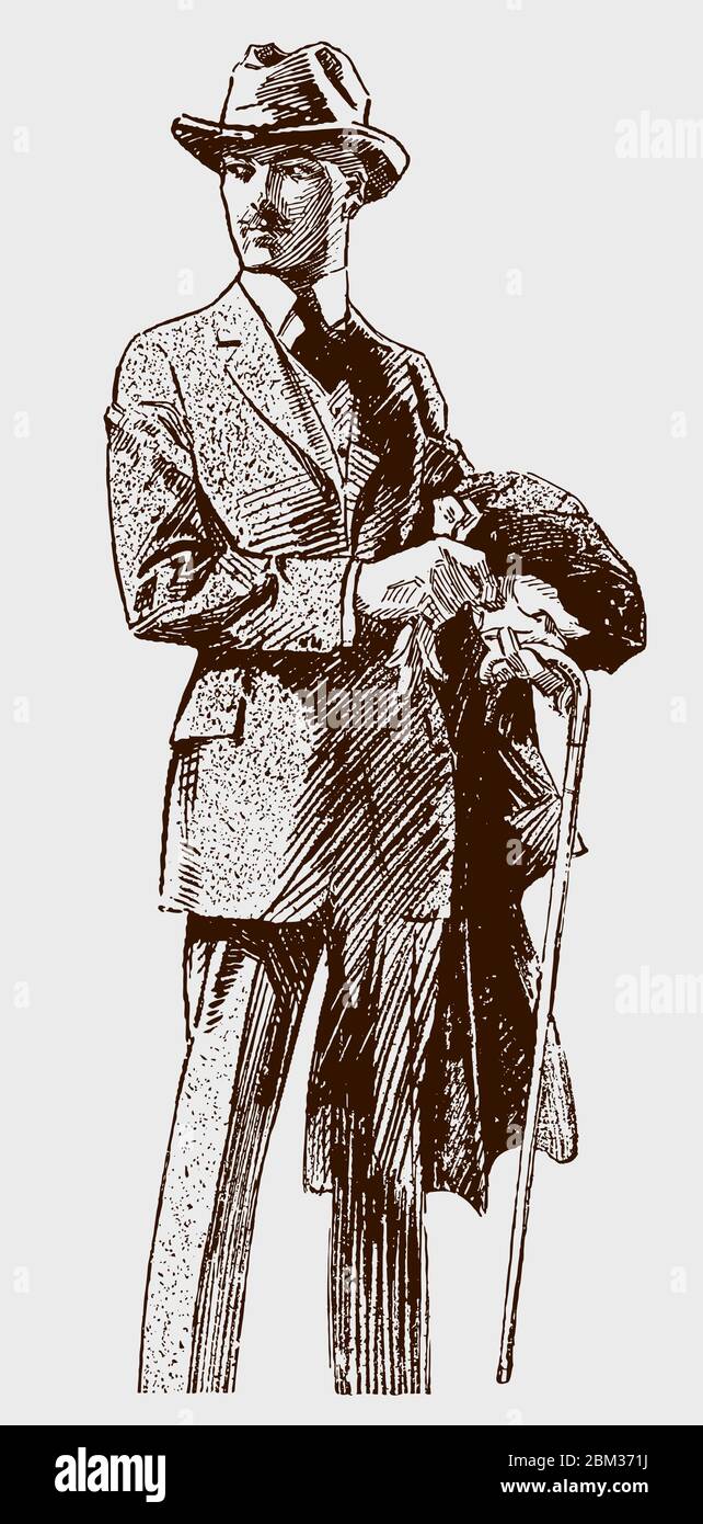 Gentleman aus dem frühen 20. Jahrhundert, Handschuhe anziehen, Anzug und Hut  tragen, Mantel und Gehstock halten Stock-Vektorgrafik - Alamy