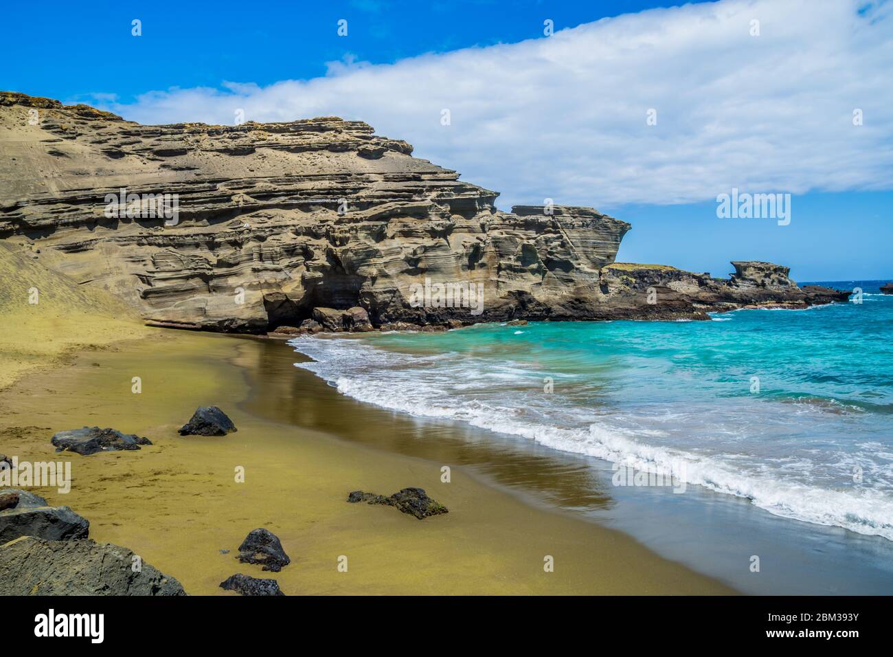 Hawaii Grüner Sandstrand (Papakōlea) der Strand von Big Island, den Sie unbedingt sehen sollten Stockfoto