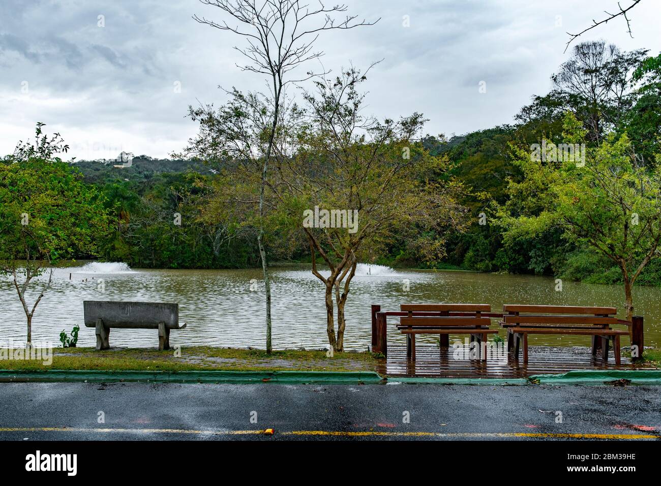 An einem regnerischen Tag stehen drei ledrige Bänke vor einem See, umgeben von Wäldern. Wolken und ein Teil des nassen Asphalts ist auch hier zu sehen. Stockfoto