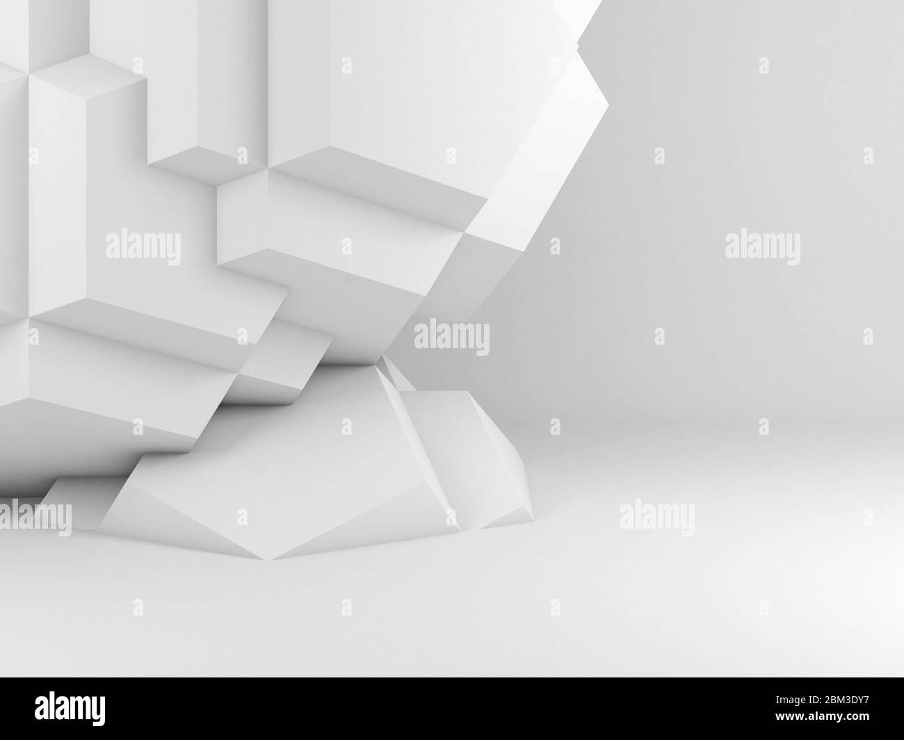 Abstrakter weißer Innenhintergrund mit parametrischer geometrischer Installation, 3d-Rendering-Illustration Stockfoto