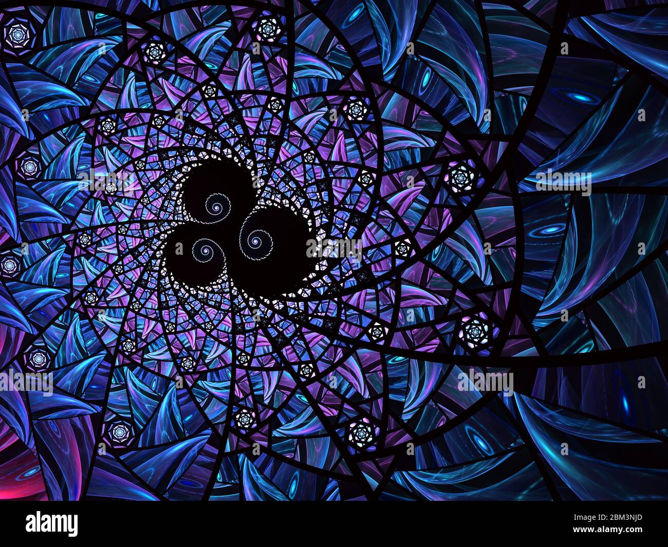 Abstrakte blaue, violette Mosaikglas-Textur. Fraktaler Hintergrund. Fantasy digitale Kunst 3D-Rendering. Hochauflösendes Breitformat-Bild. Blau und schwarz c Stockfoto