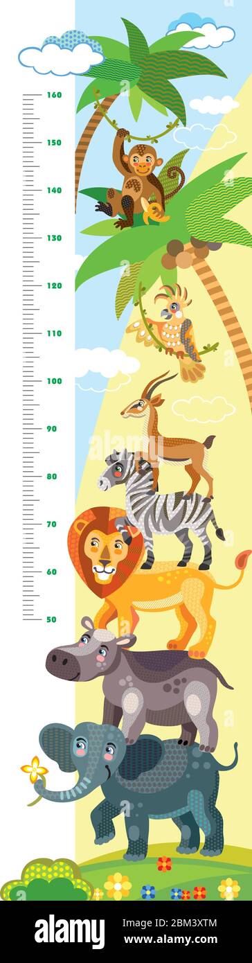 Höhe Meter mit Pyramide der afrikanischen Tiere Vektor Cartoon-Illustration in flachem Stil. Vektor vertikale Skala Messung mit niedlichen wilden Tieren für c Stock Vektor