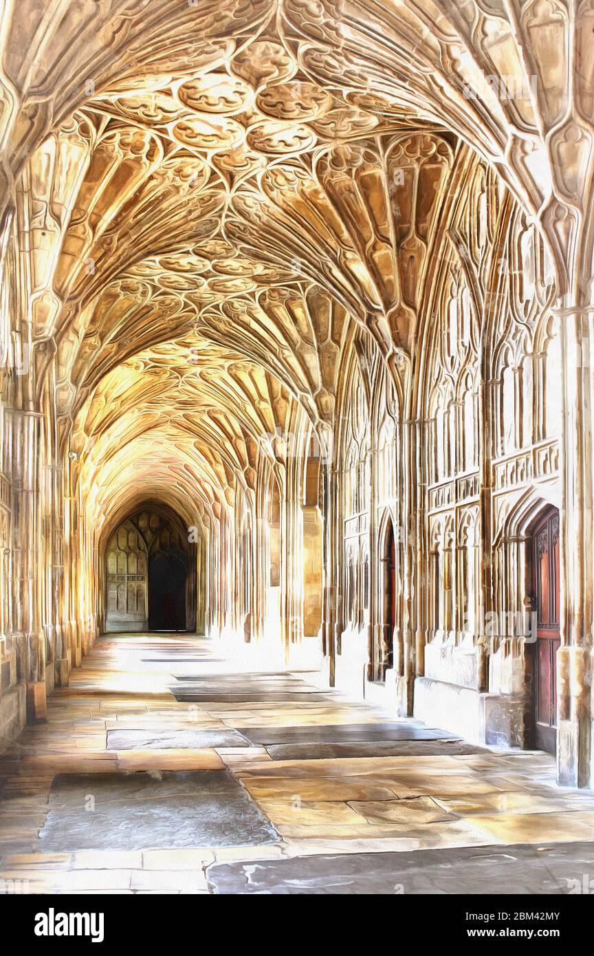Gloucester Cathedral Innenraum bunte Malerei sieht aus wie Bild, Gloucester, Gloucestershire, Großbritannien Stockfoto