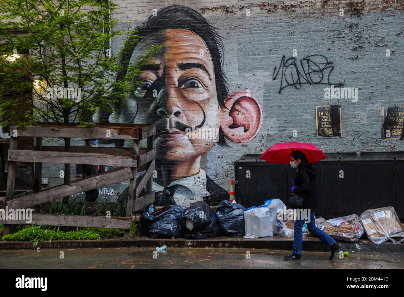 New York, Usa. Mai 2020. Eine Frau mit Schutzmaske geht vor einem Salvador Dalí Charakter an einer Wand auf Manhattan Island in New York City in den Vereinigten Staaten vorbei. New York City ist das Epizentrum der Coronavirus-Pandemie (COVID-19). Quelle: Brasilien Foto Presse/Alamy Live News Stockfoto