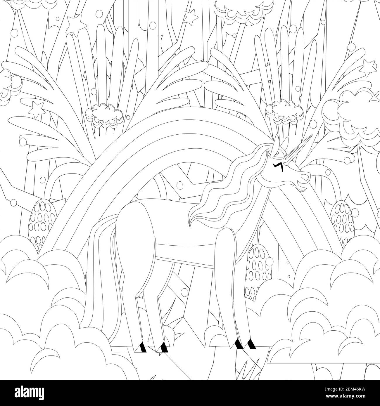 Einhorn . Pferdekopf schlafen. Farbiges Buch. Schwarz-weißer Aufkleber, Symbol isoliert. Niedliche Magie Cartoon Fantasie Tier. Traumsymbol. Design für Kinder Stockfoto