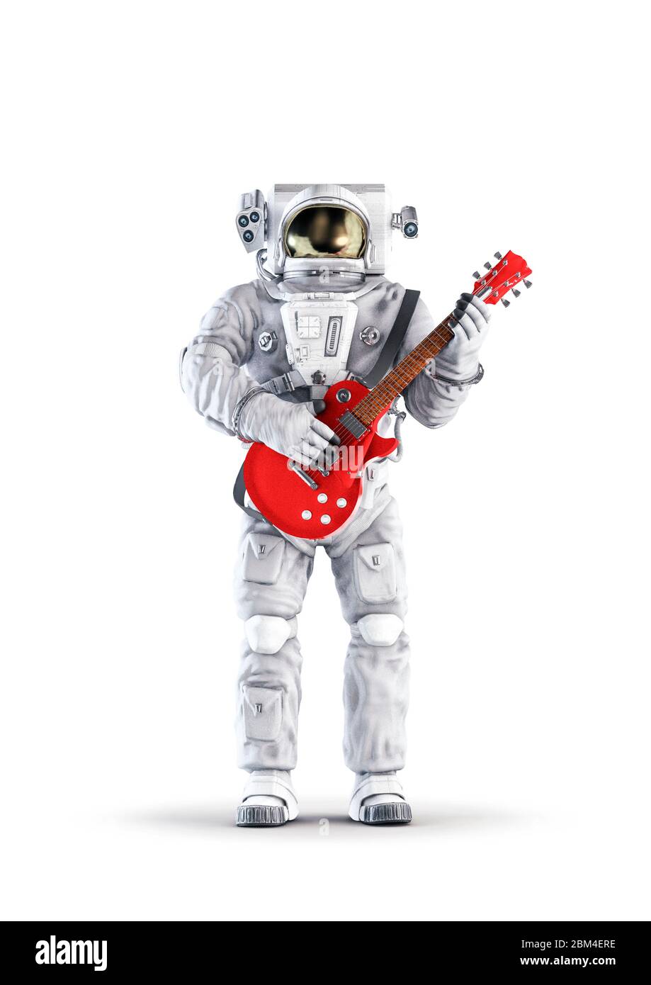 Astronaut mit Gitarre / 3D-Illustration des Raumanzugs trägt männliche Figur spielt rote E-Gitarre isoliert auf weißem Studio-Hintergrund Stockfoto