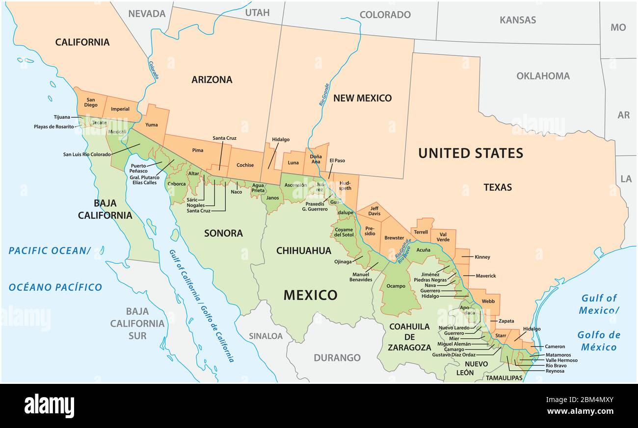 Vektorkarte der Grenzbezirke in den Vereinigten Staaten und Mexiko entlang der Grenze Stock Vektor