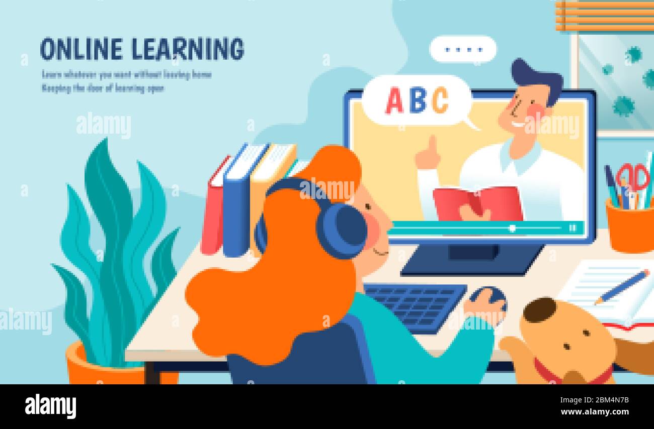 Online-Learning-Banner in flacher Form, ein nettes Mädchen mit roten Haaren ist mit Online-Kurs zu Hause während COVID-19 Quarantäne Stock Vektor