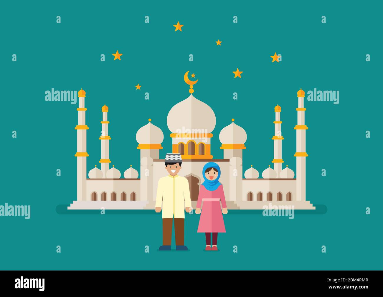 Muslimischer Mann und Frau mit Moschee im Hintergrund. Flache Vektorgrafik Stock Vektor