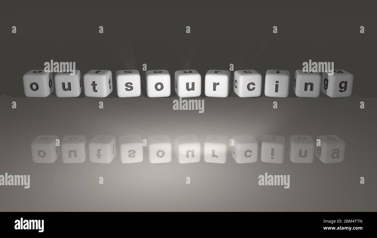 Alphabetisches Outsourcing, geordnet nach kubischen Buchstaben auf einem Spiegelboden, Konzept Bedeutung und Präsentation in 3D Perspektive Stockfoto