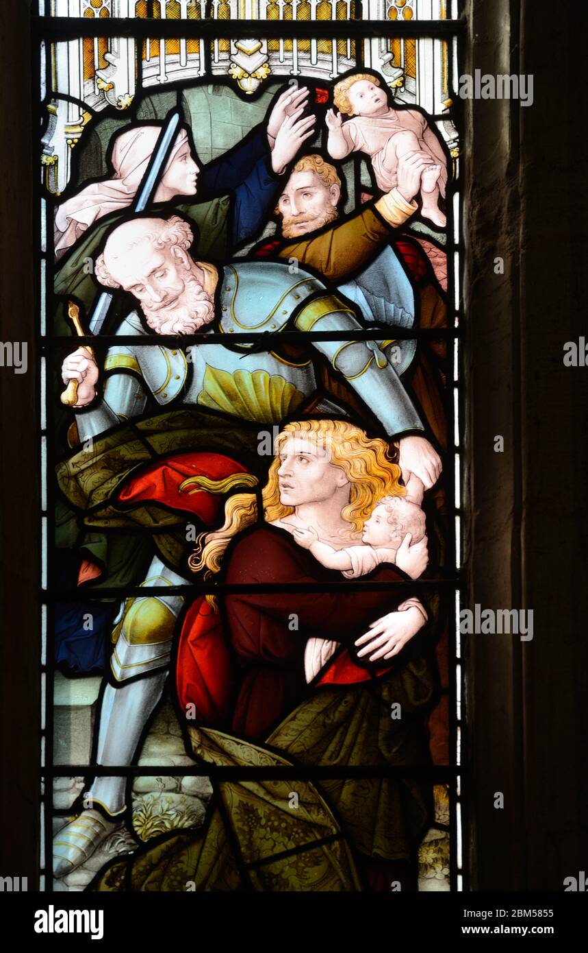 Massaker an Unschuldigen, oder Verfolgung von Kindern, Herodes die großen Befehle die Hinrichtung männlicher Kinder, Glasfenster Stratford-upon-Avon Stockfoto