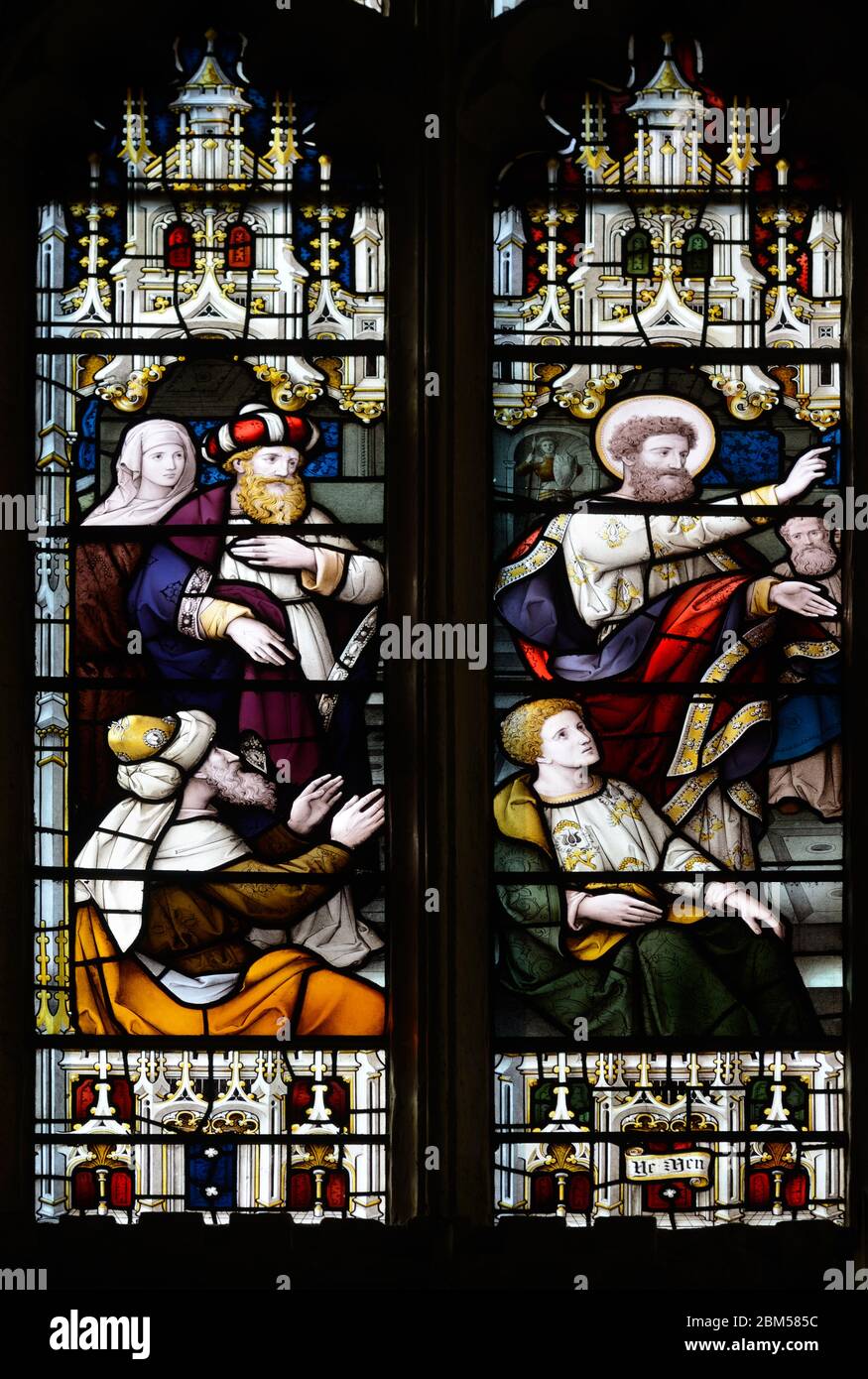 Glasfenster biblischer Magier oder Weisen in der Holy Trinity Church oder Shakespeare's Church Stratford-upon-Avon Warwickshire England Großbritannien Stockfoto