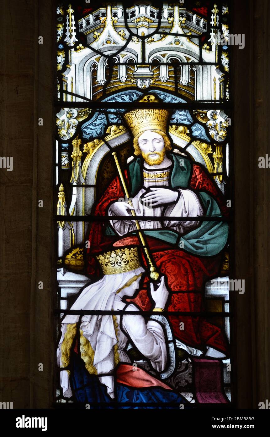 Glasfenster von Herodes dem Großen, König von Judäa, geboren um 74BC, sitzend auf dem Thron, in der Heiligen Dreifaltigkeit Kirche Stratford-upon-Avon Warwickshire England Stockfoto