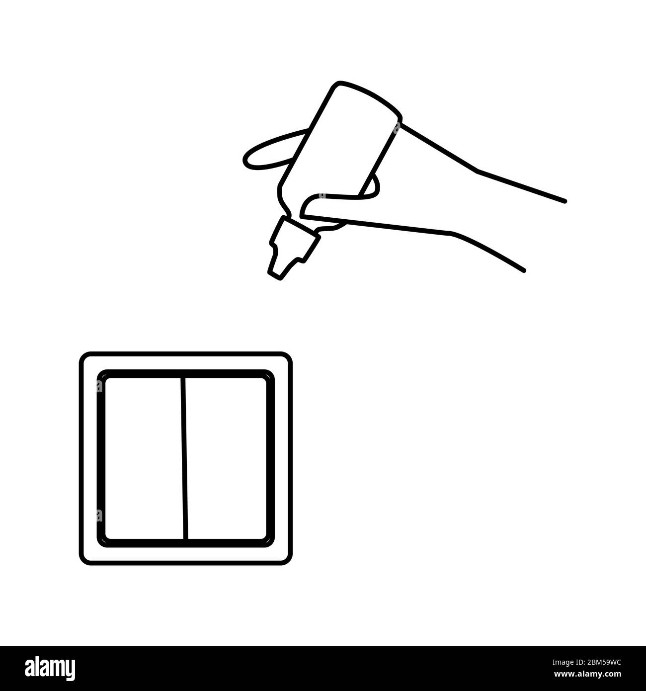 Symbol für die Verwendung des Handdesinfektionsmittels. Händedesinfektionsmittel zur Desinfektion eines Schalters. Wie man Hand Desinfektionsmittel medizinische Infografik Symbol verwenden Stock Vektor