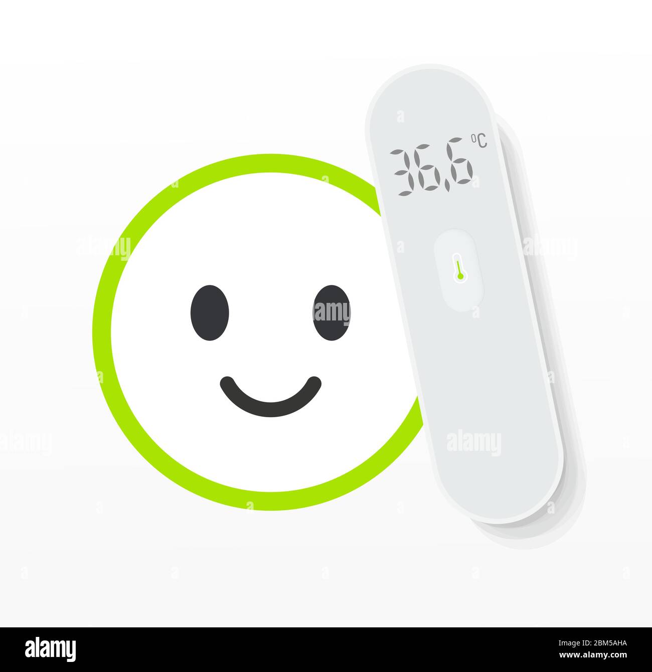 Berührungsloses Digitalthermometer auf der weißen und grünen Happy Emoji Hintergrundvektordarstellung. Covid-19 elektronisches Gerät für Temperatur Stock Vektor