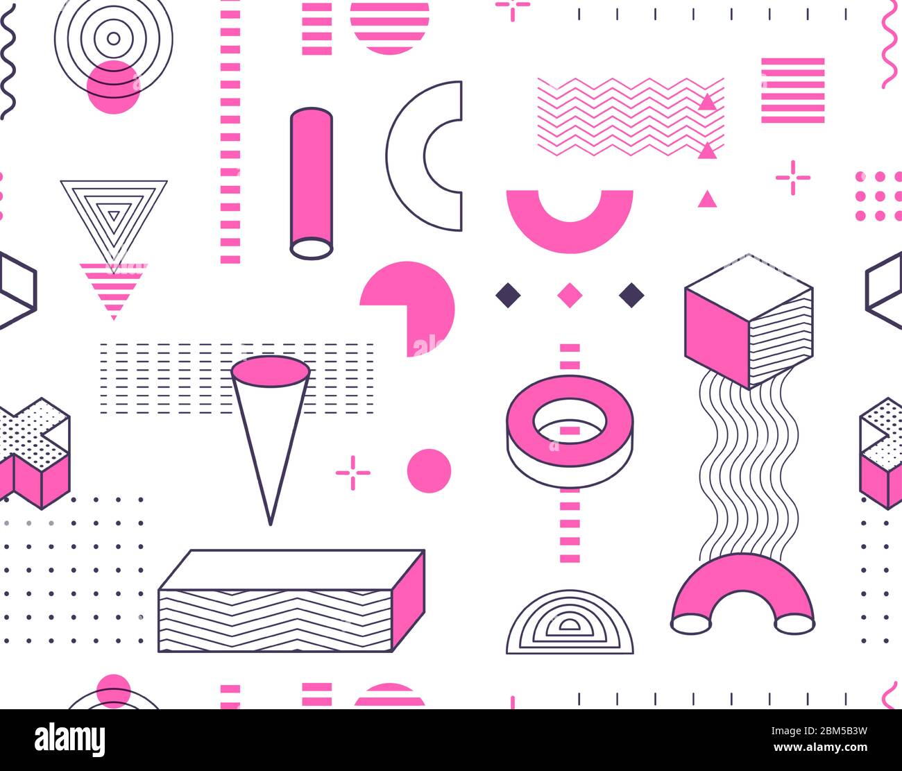 Nahtlose Memphis Stil Grafik-Design Tapete Muster. Wiederholbare handgezeichnete geometrische Formen skizzieren Vektordarstellung. Kontur der Geometrieelemente Stock Vektor
