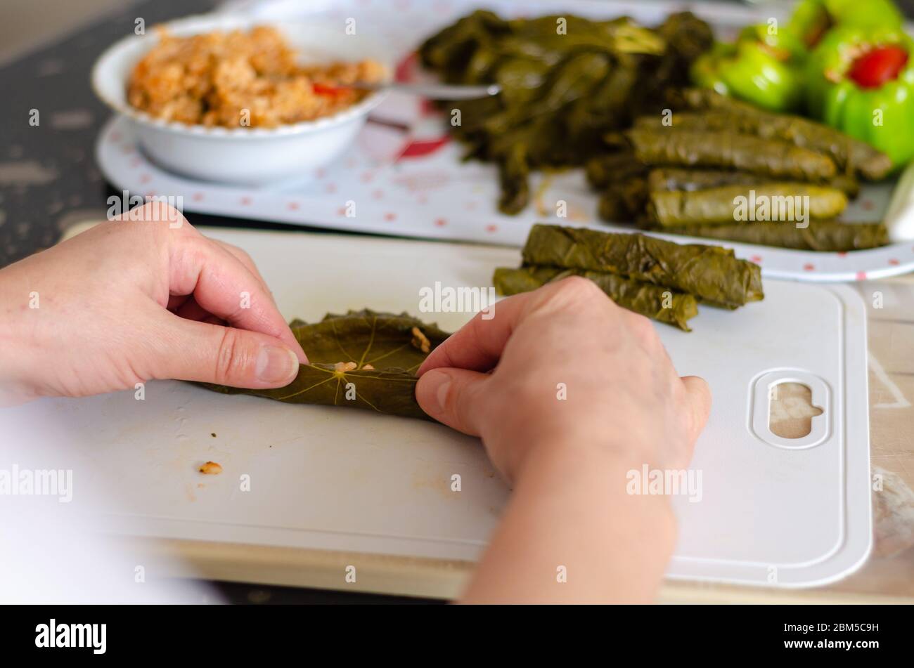 Traditionelle türkische Dolma oder Sarma. Die Frau stopft Weintraubenblätter auf weißem Hintergrund Stockfoto