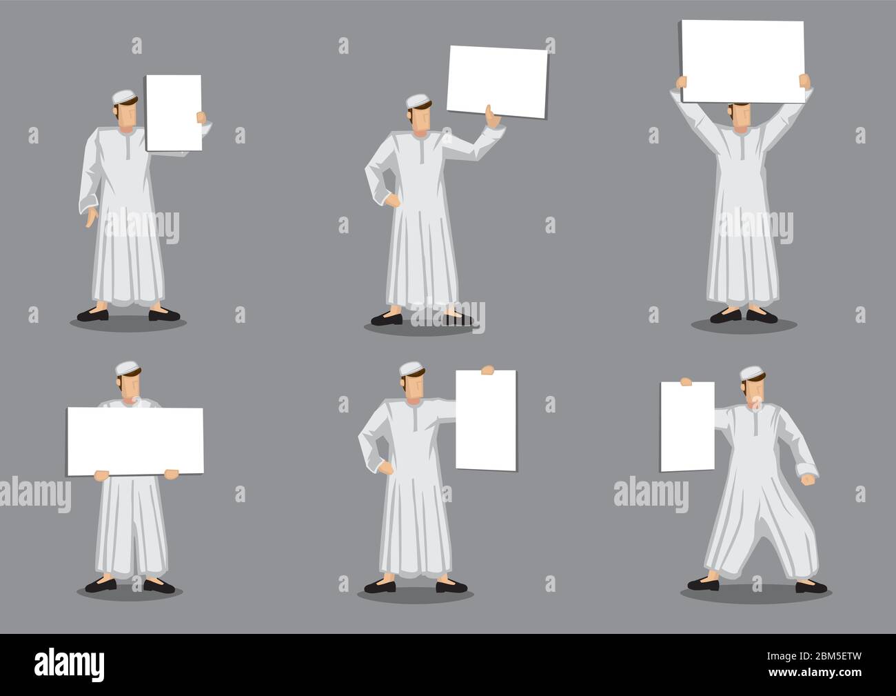 Set von sechs Vektor-Illustration der Zeichentrickfigur des muslimischen Mannes in traditionellen weißen Robe Kostüm und Totenkopf mit leerem Plakat mit Kopie Raum Stock Vektor