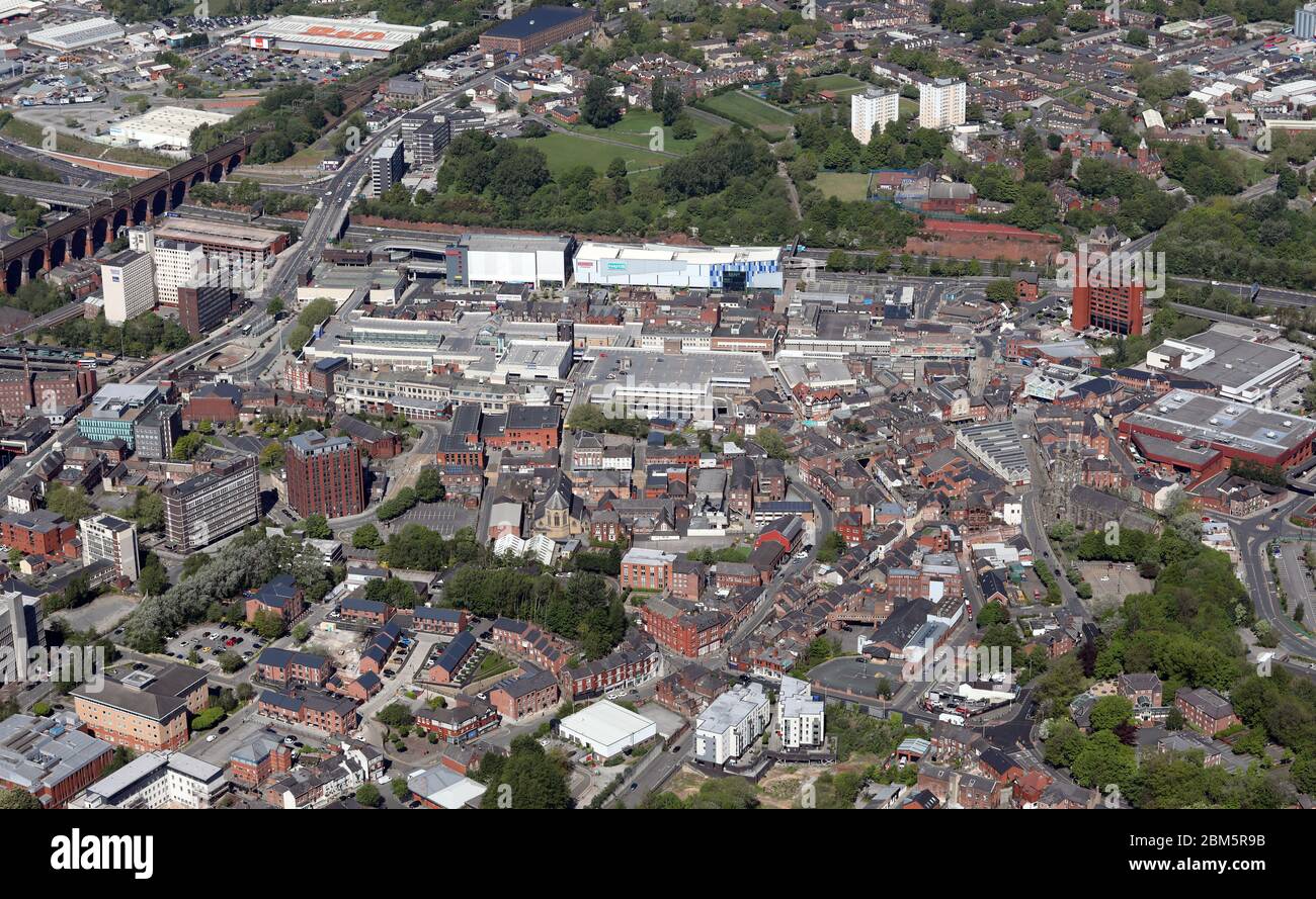 Luftaufnahme des Stockport Stadtzentrums Stockfoto