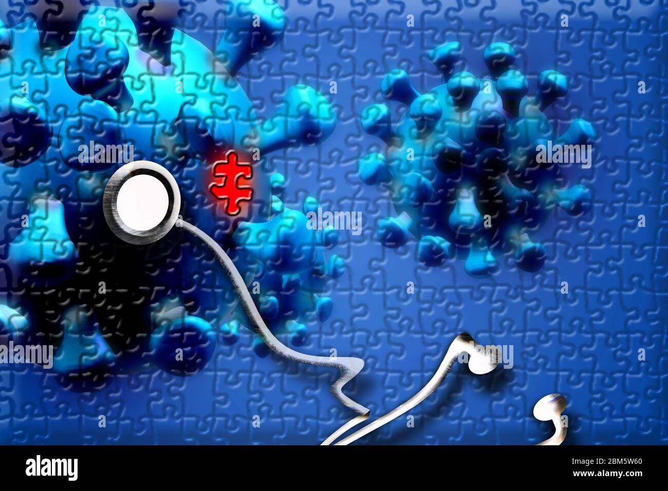 Coronavirus Puzzle mit fehlendem Stück und Stethoskop. Stockfoto