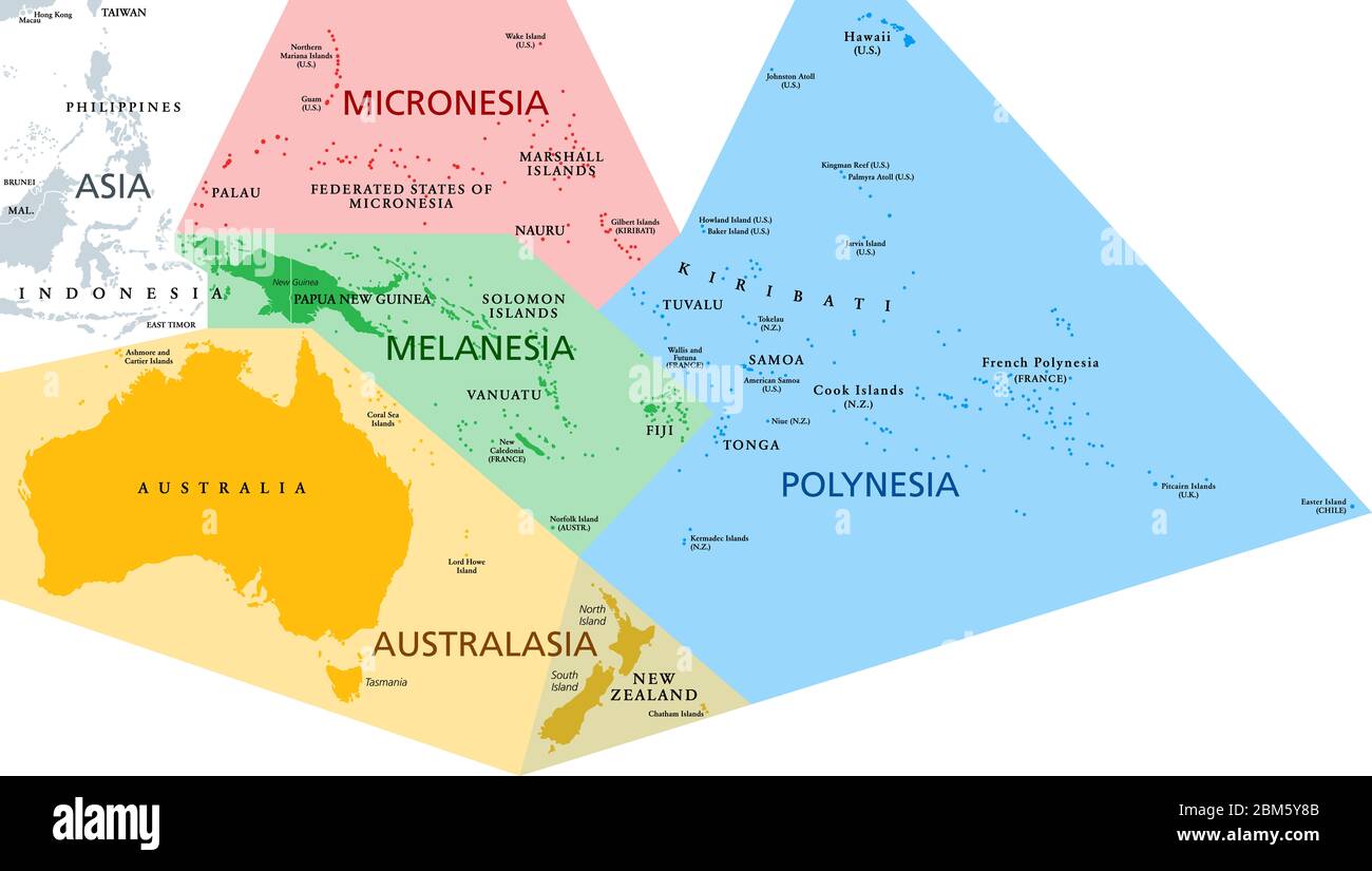 Regionen von Ozeanien, politische Karte. Geographische Regionen, südöstlich der asiatisch-pazifischen Region einschließlich Australasien, Melanesien, Mikronesien und Polynesien. Stockfoto