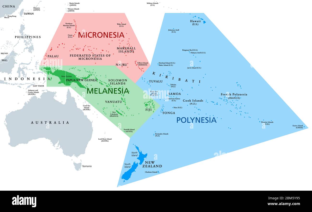 Melanesien, Mikronesien und Polynesien, politische Karte. Farbige geographische Regionen Ozeaniens, südöstlich der asiatisch-pazifischen Region. Englische Beschriftung. Stockfoto