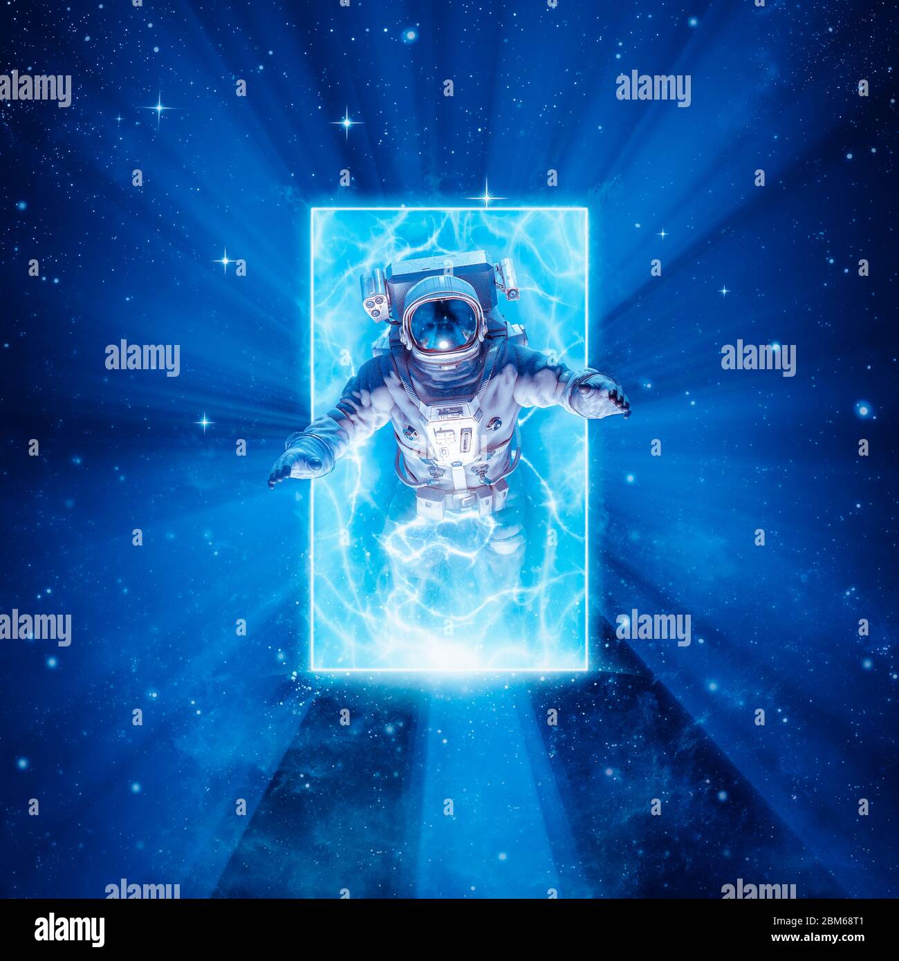 Eingabe einer anderen Dimension / 3D-Illustration der Science-Fiction-Szene mit Astronaut durch glühende Energie Portal im Weltraum Stockfoto